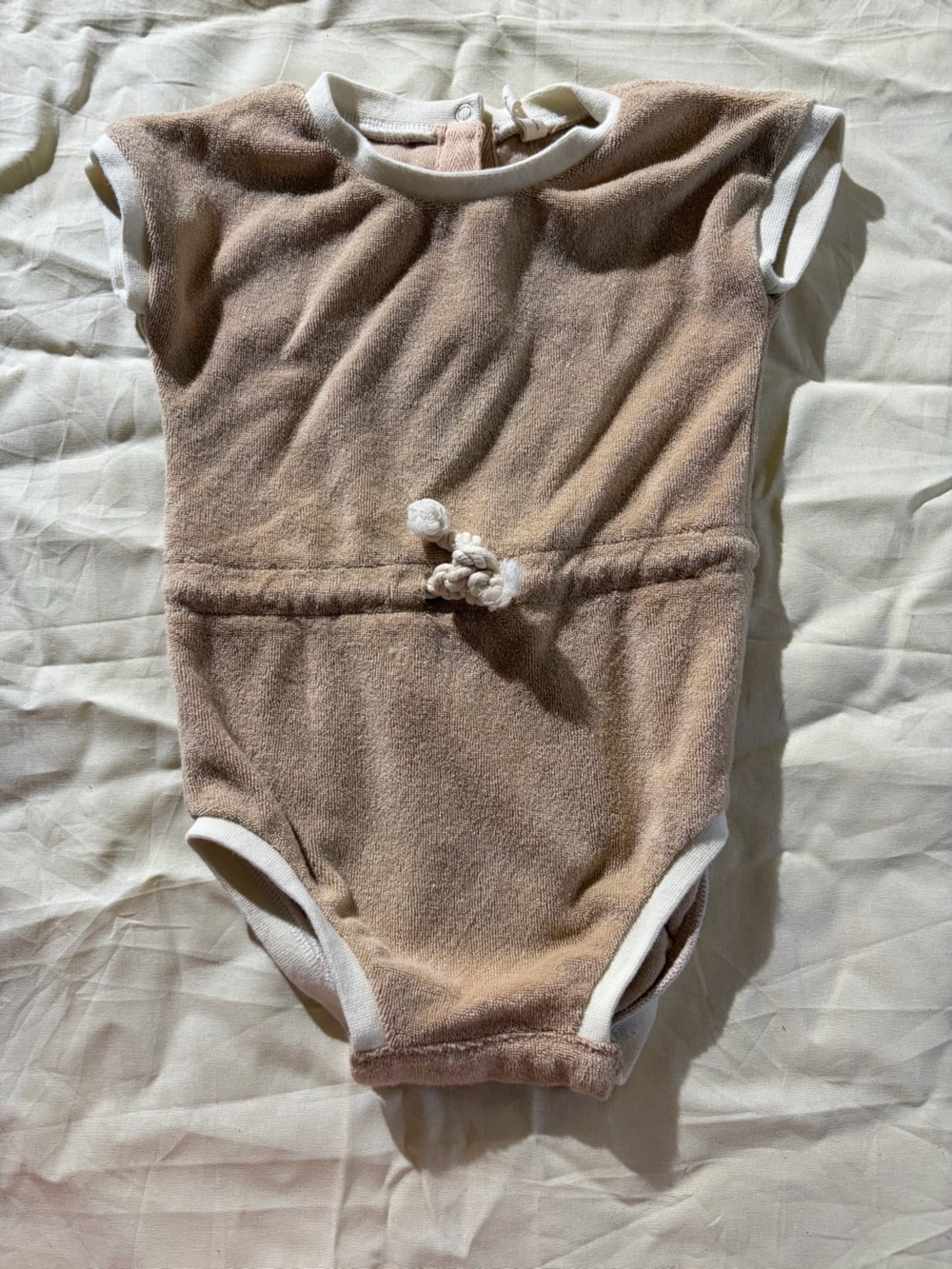 Quincy Mae Beige Terry Cloth Onesie with White Trim